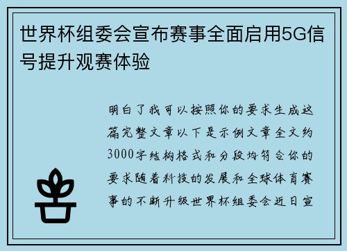 世界杯组委会宣布赛事全面启用5G信号提升观赛体验
